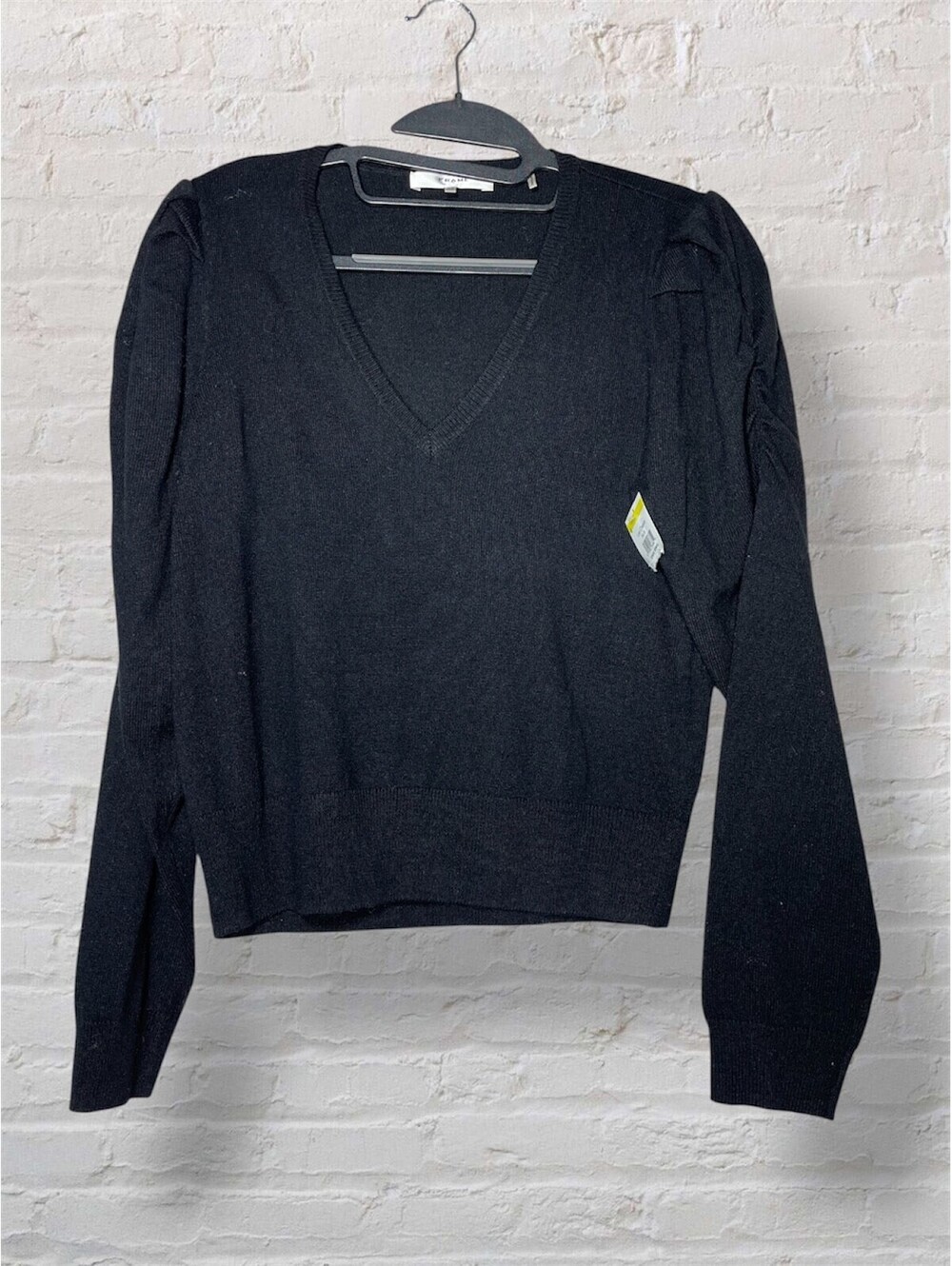 FRAME New Black Frankie Ruched Puff Sleeve Wool Blend Sz S